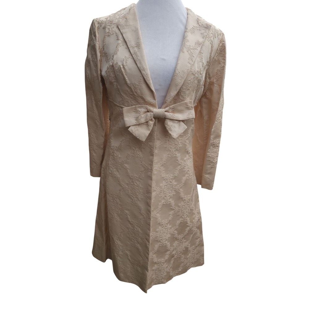 Vintage Champagne Damask Brocade Duster Coat Bow Detail Formal Evening Jacket